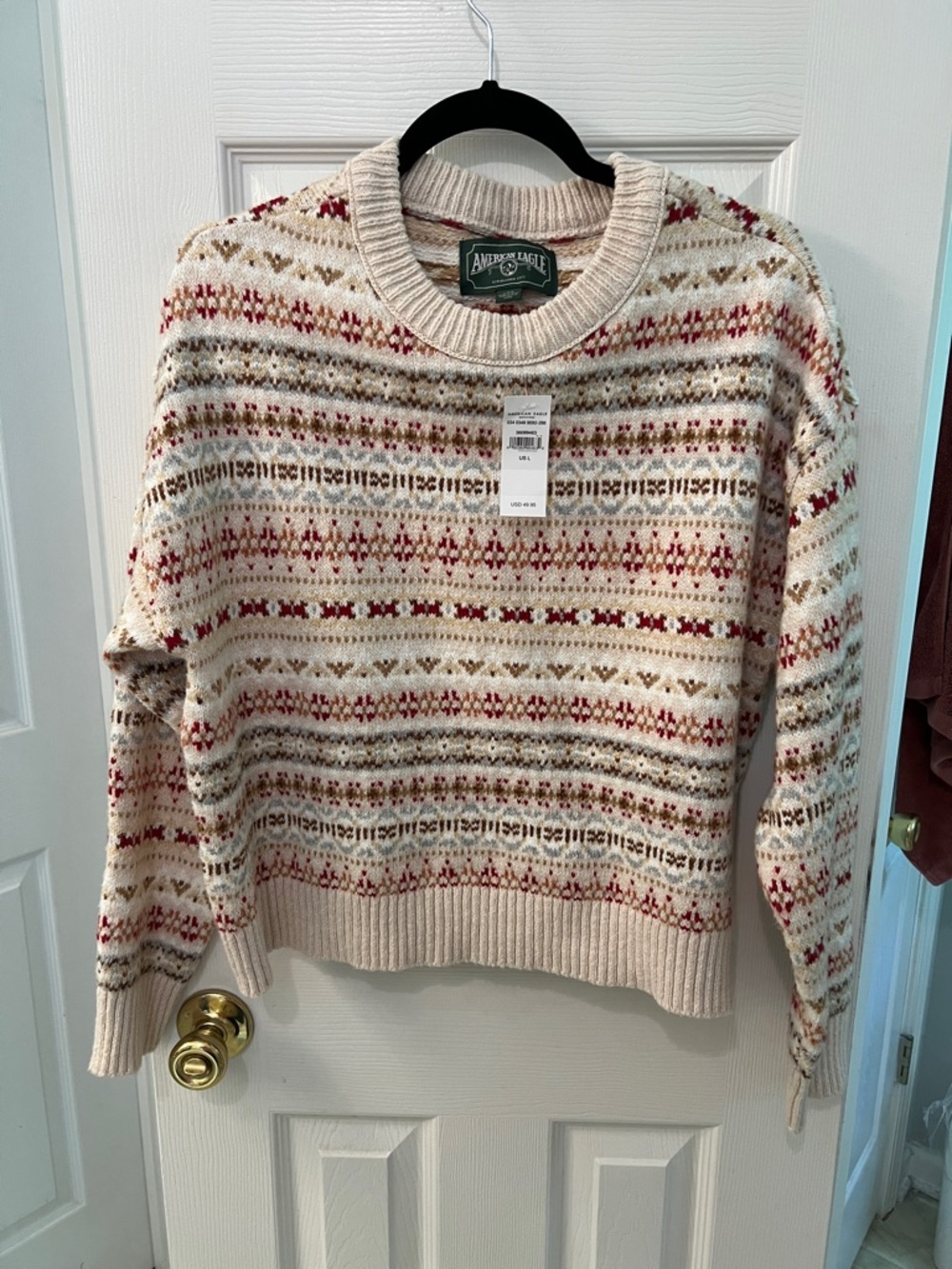 American Eagle Outfitters Cream Fair Isle Crew Sweater with Red and Tan Accents